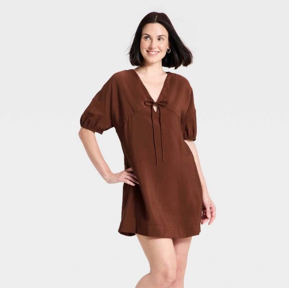 A New Day Women's Tie-Front Mini Dress Brown Large